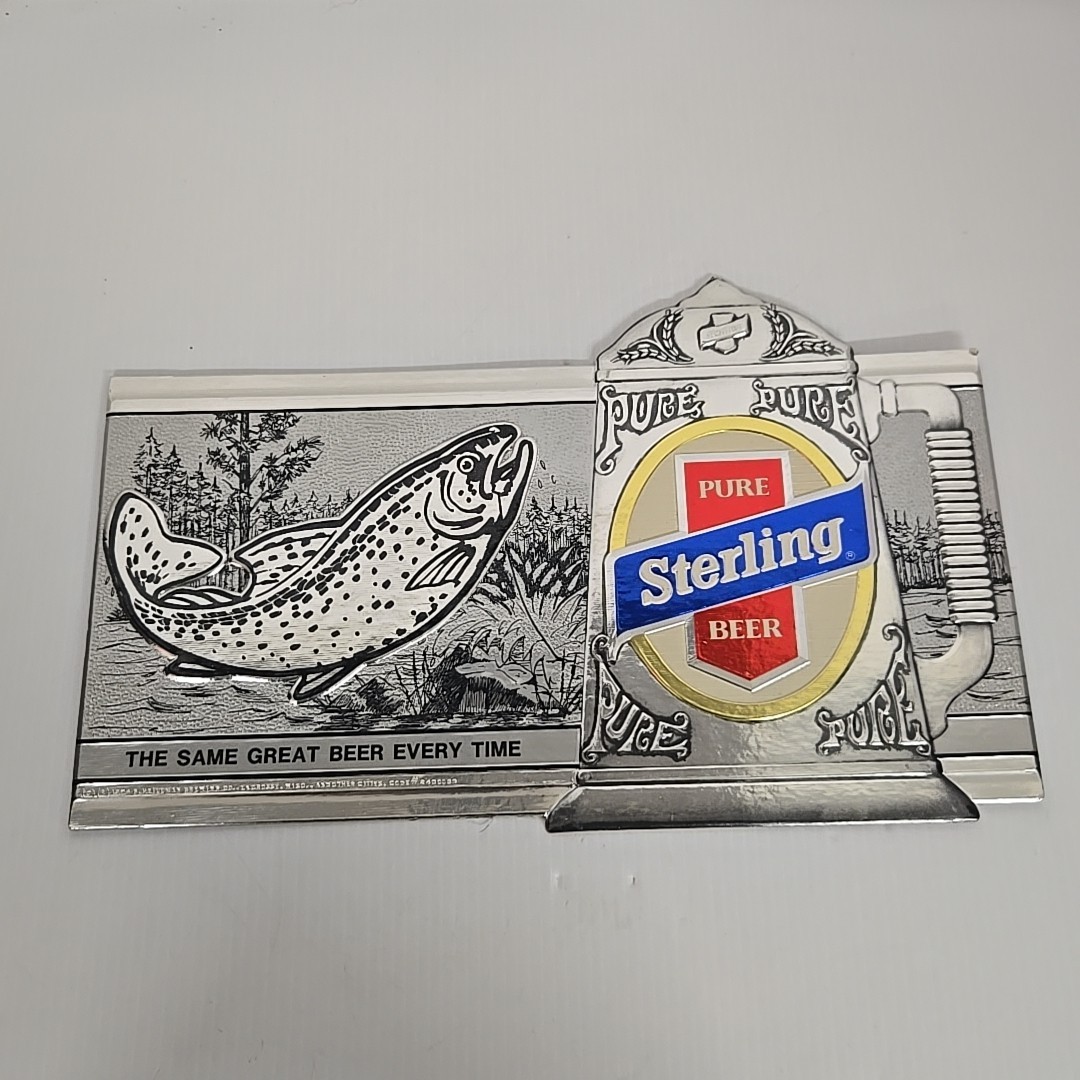 1974 STERLING Pure Beer Trout Fish Embosograph Metallic Sign Heileman Brewing