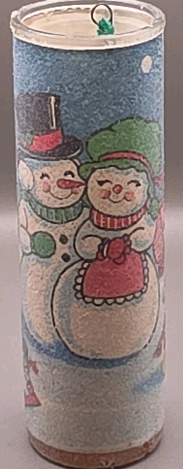 VTG Sugar Frosted Snowmen Family Pillar Candle 1970s Empty