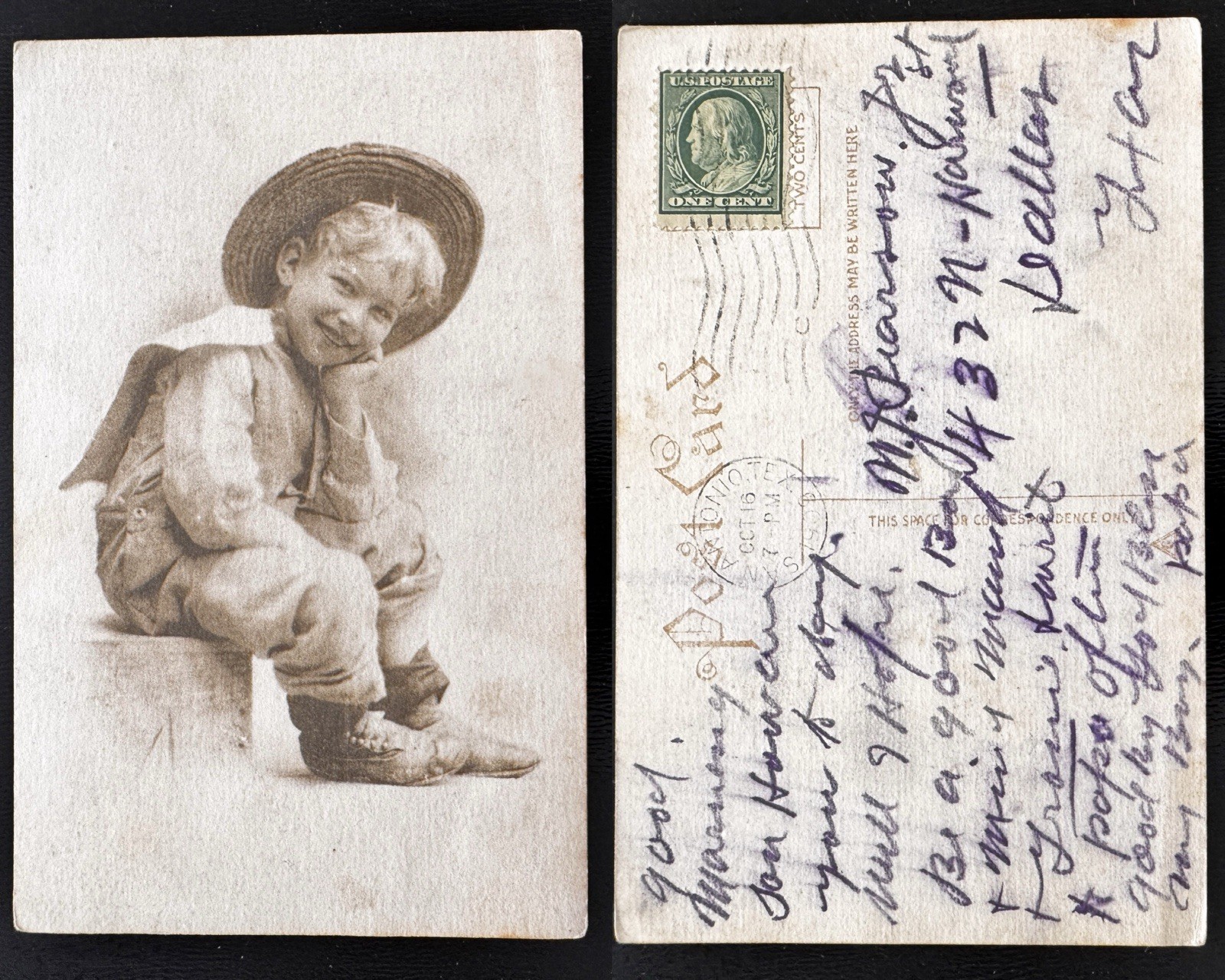 1908 Young Boy Straw Hat Wide Brim Straw Hat Sepia Portrait San Antonio Texas B4