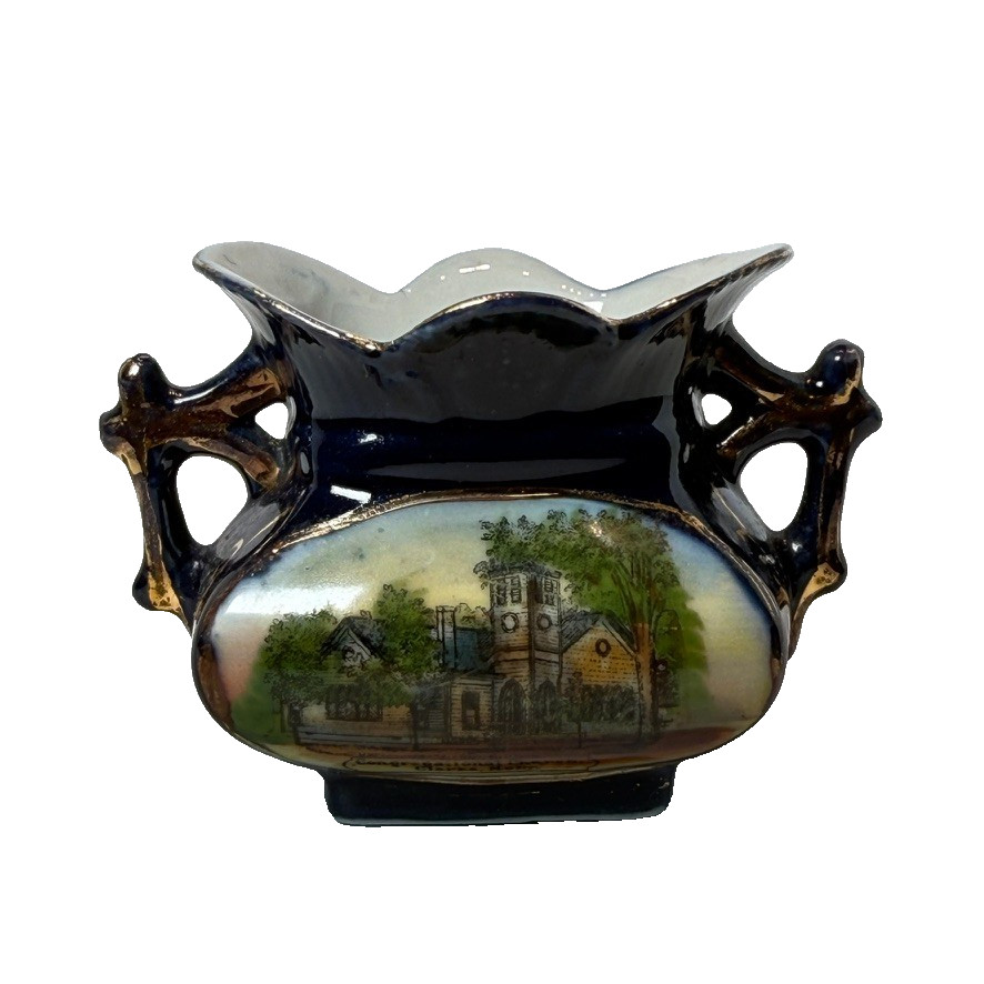 CLARKS - CHURCH - NEBRASKA NE Antique Souvenir China COBALT TRINKET CLARKS - CHURCH - NEBRASKA NE Antique Souvenir China COBALT TRINKET
