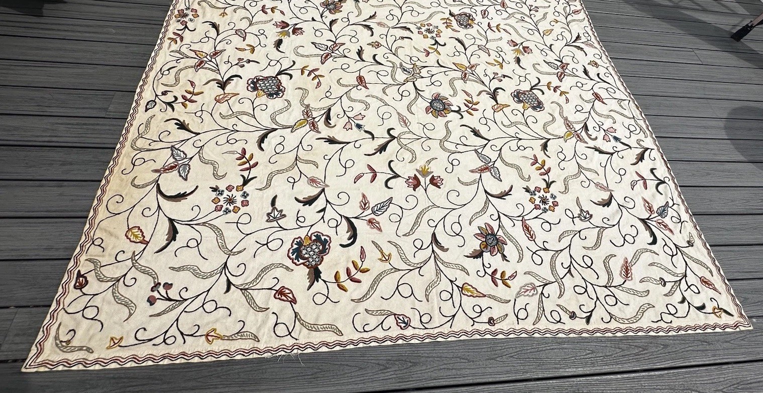 Vintage Kashmir India Wool Crewel Bedspread Coverlet 99”x 83”  Hand Embroidered