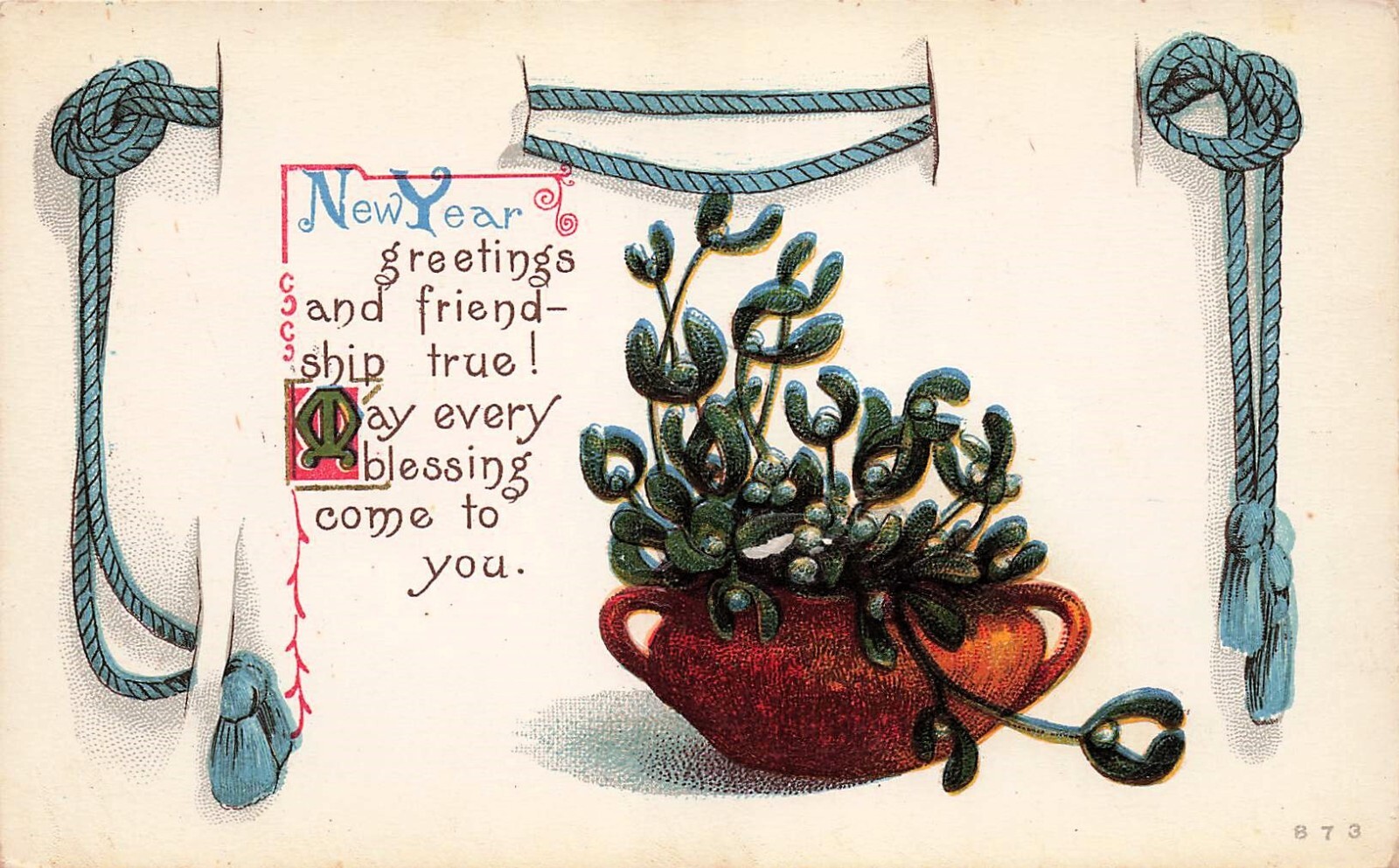 New Year Card Succulent Pot Planter Blue Rope True Friendship Vtg Postcard D53