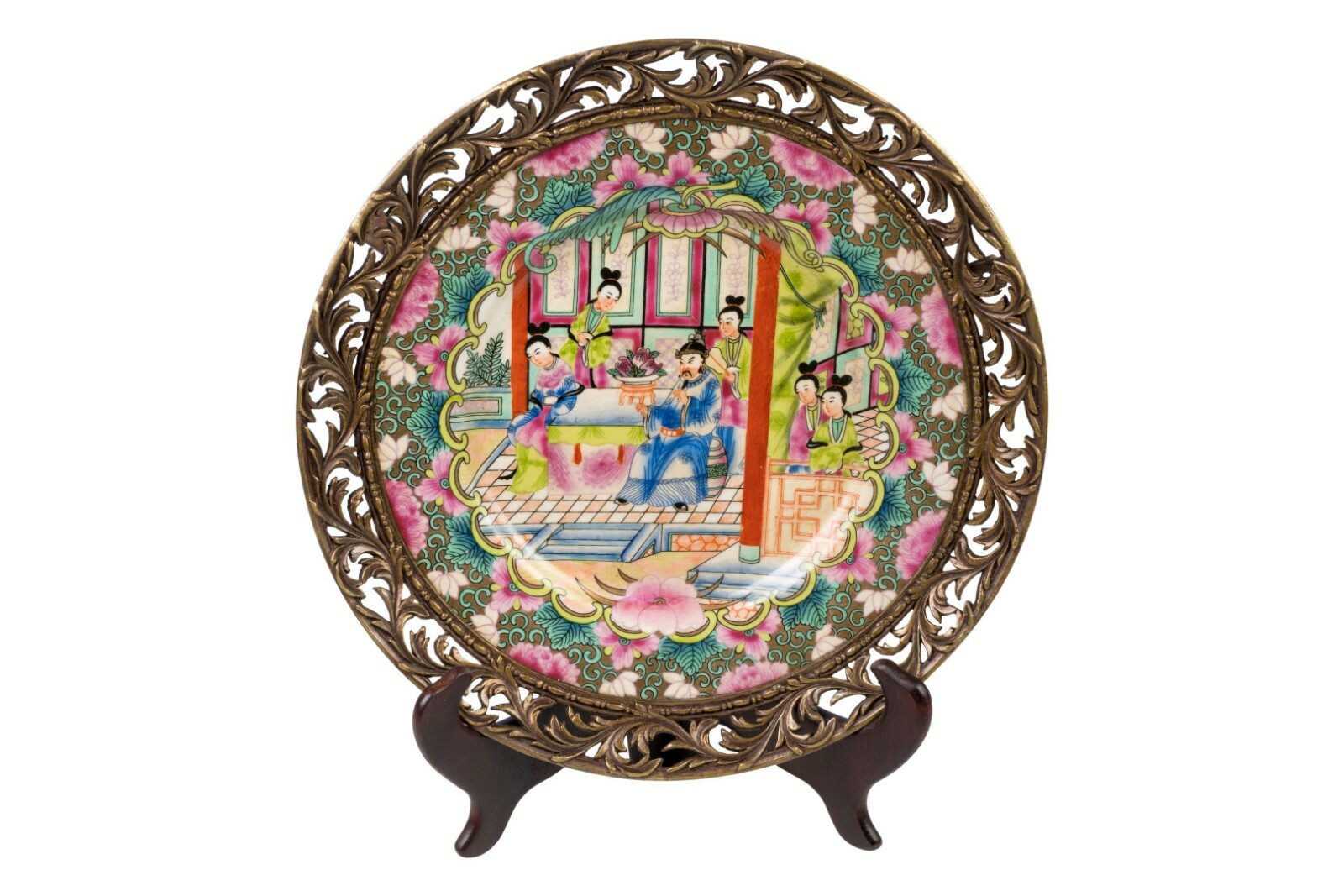 Beautiful Rose Canton Porcelain Plate Brass Oromlu Accent 12