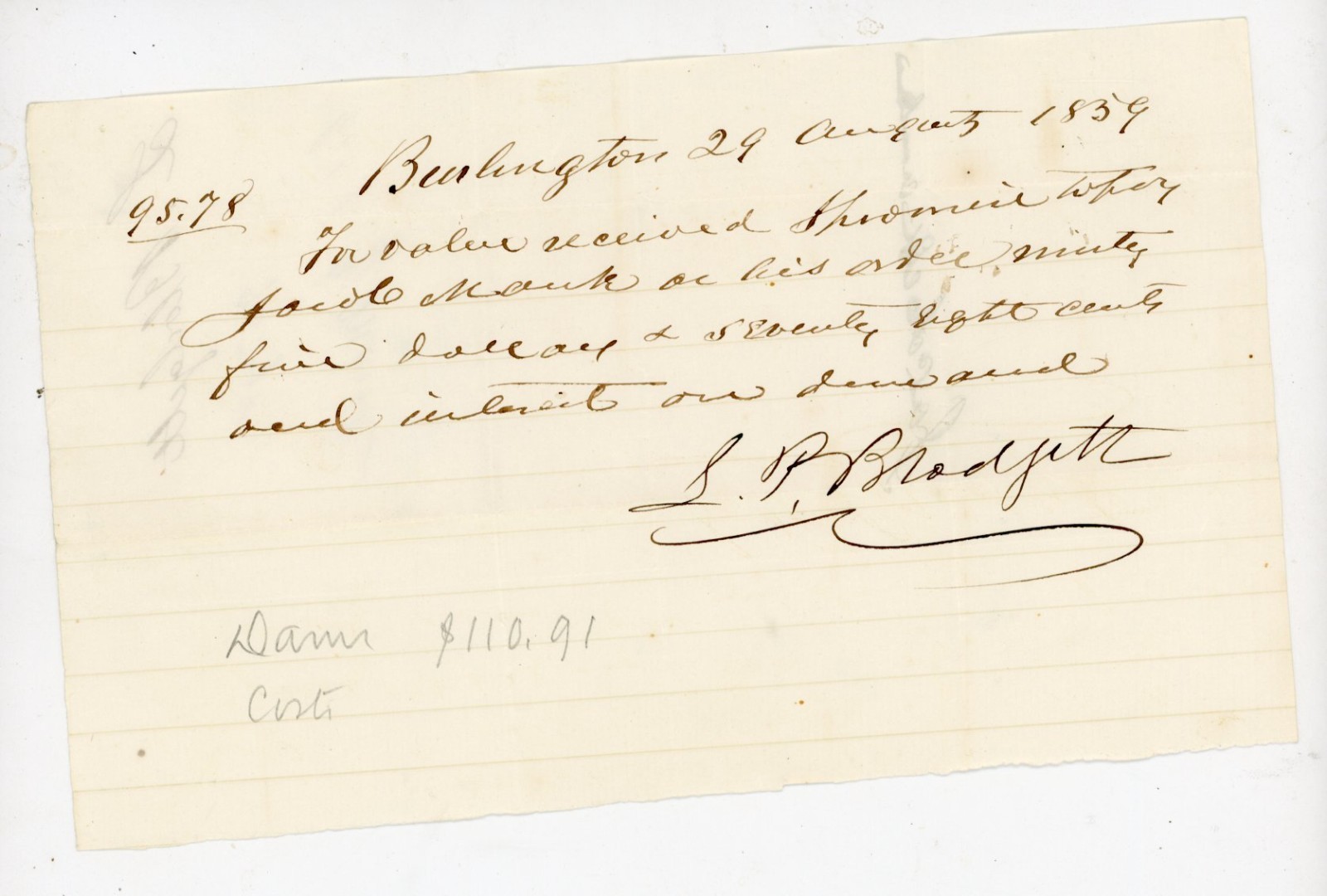 1839 Antique Manuscript Promissory Note Burlington VT L P Blodgett Jacob Mack 1839 Antique Manuscript Promissory Note Burlington VT L P Blodgett Jacob Mack