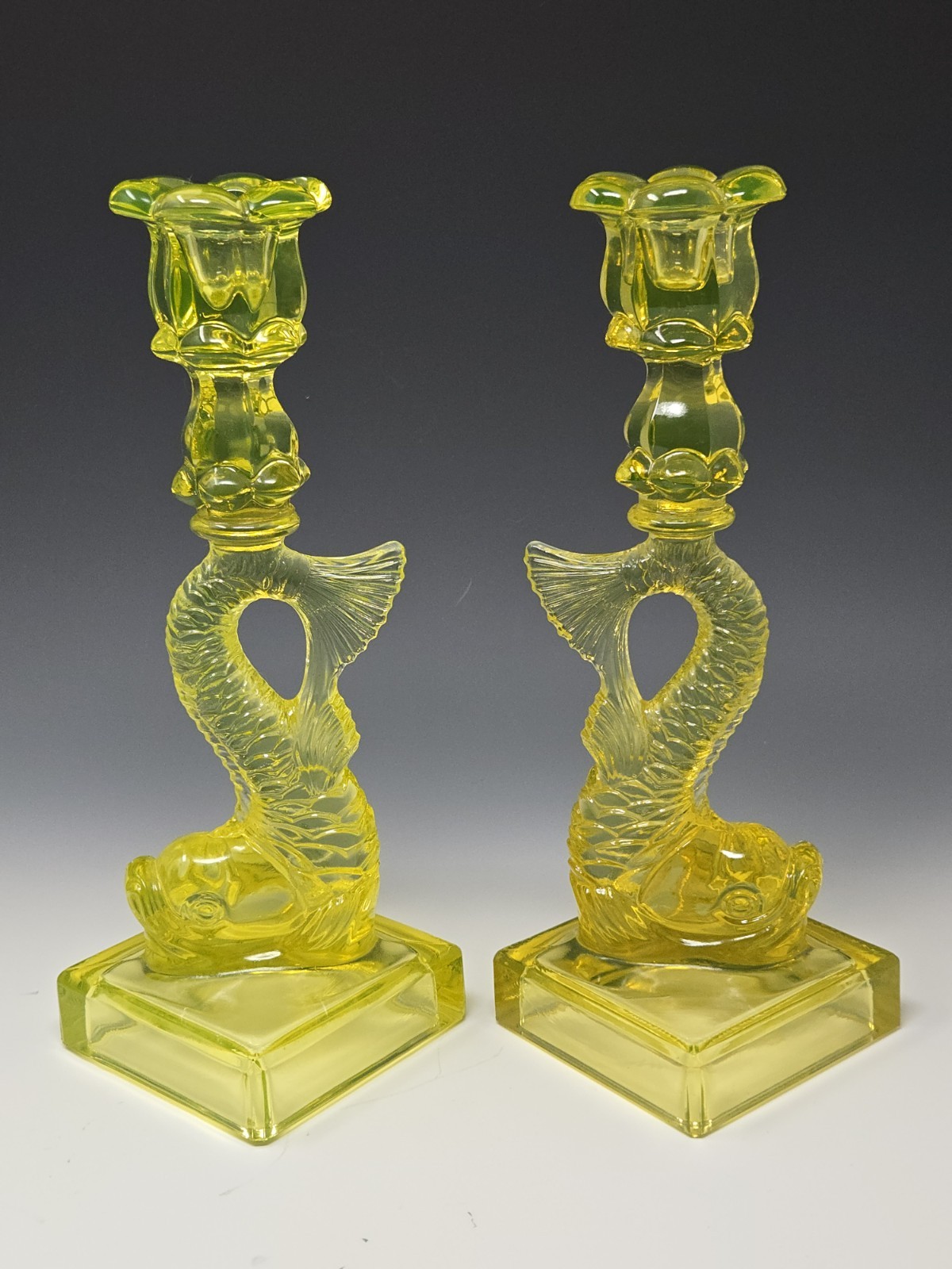 Vintage Imperial Glass for MMA Vaseline Dolphin Candlestick Holders UG Vintage Imperial Glass for MMA Vaseline Dolphin Candlestick Holders UG
