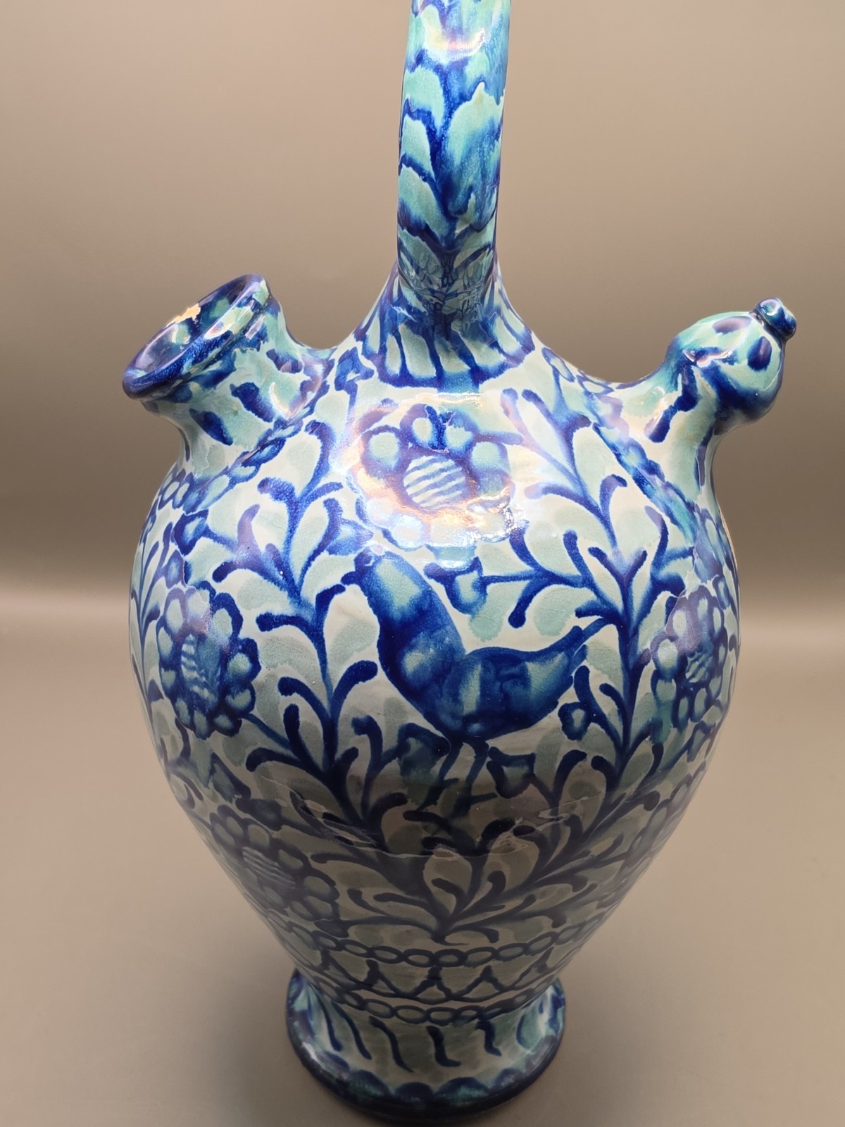 Vtg Spanish Fajalauza Water Jug/Pitcher Botijo Ceramic Bird Collection Label