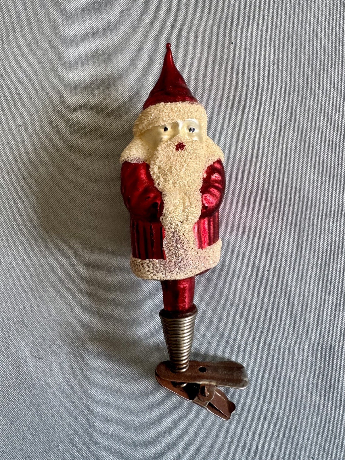 Vintage Santa Claus Christmas Tree Ornament White Mica Spring Clip