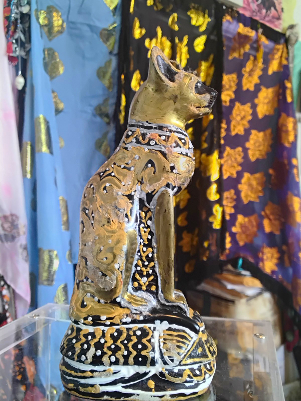 ~ Vintage Ceramic Handcrafted Egyptian Cat Perched Ontop Scarab Figurine ~