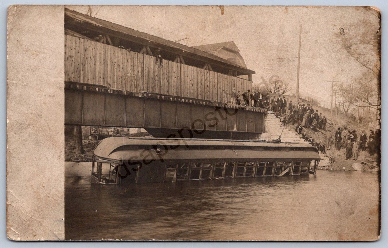 K41/ West Alexander Ohio RPPC Postcard c1910 Trolley Disaster Covered Bridge 377
