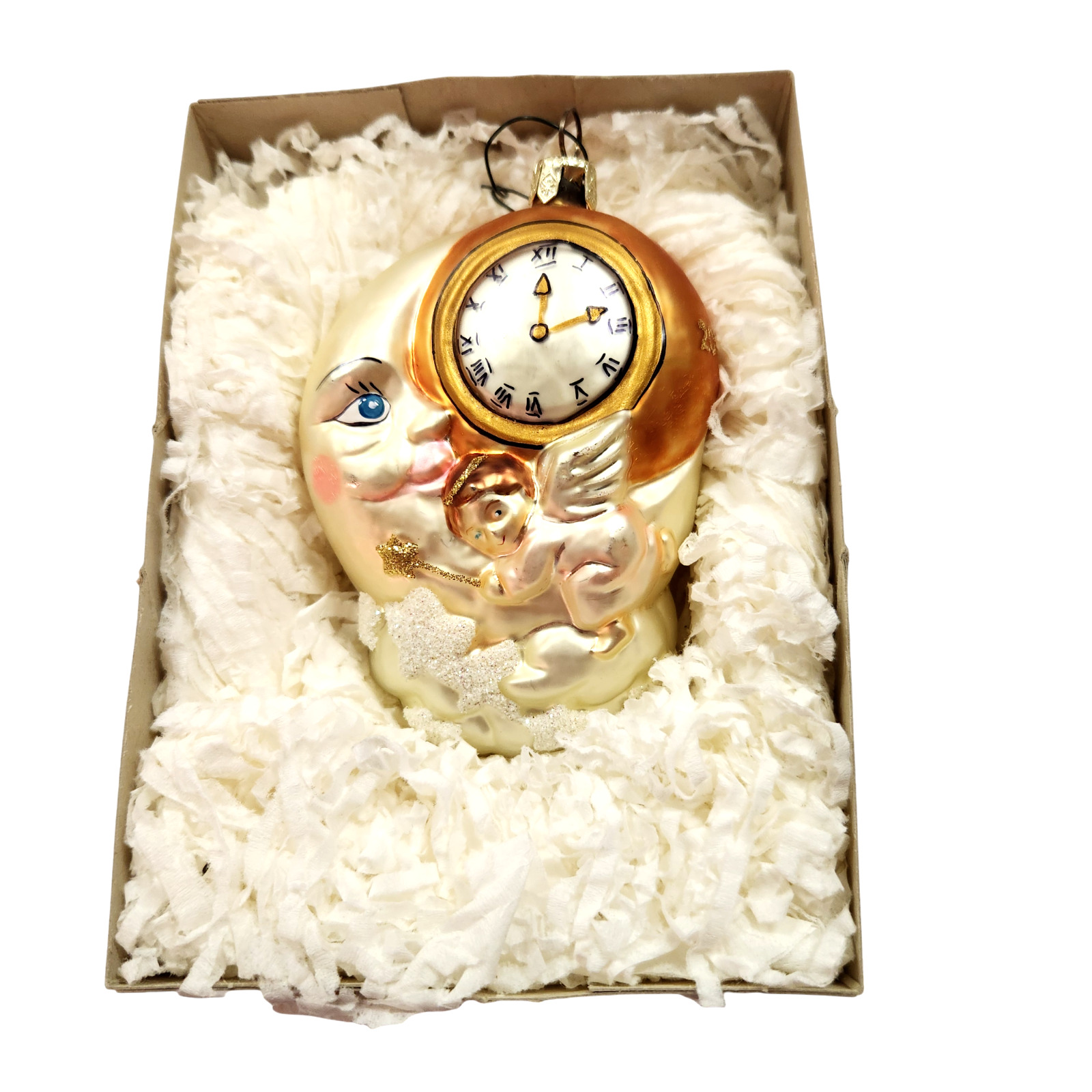 Vintage Dillards Trimmings Moon Angel Clock Hand Blown Glass Christmas Ornament