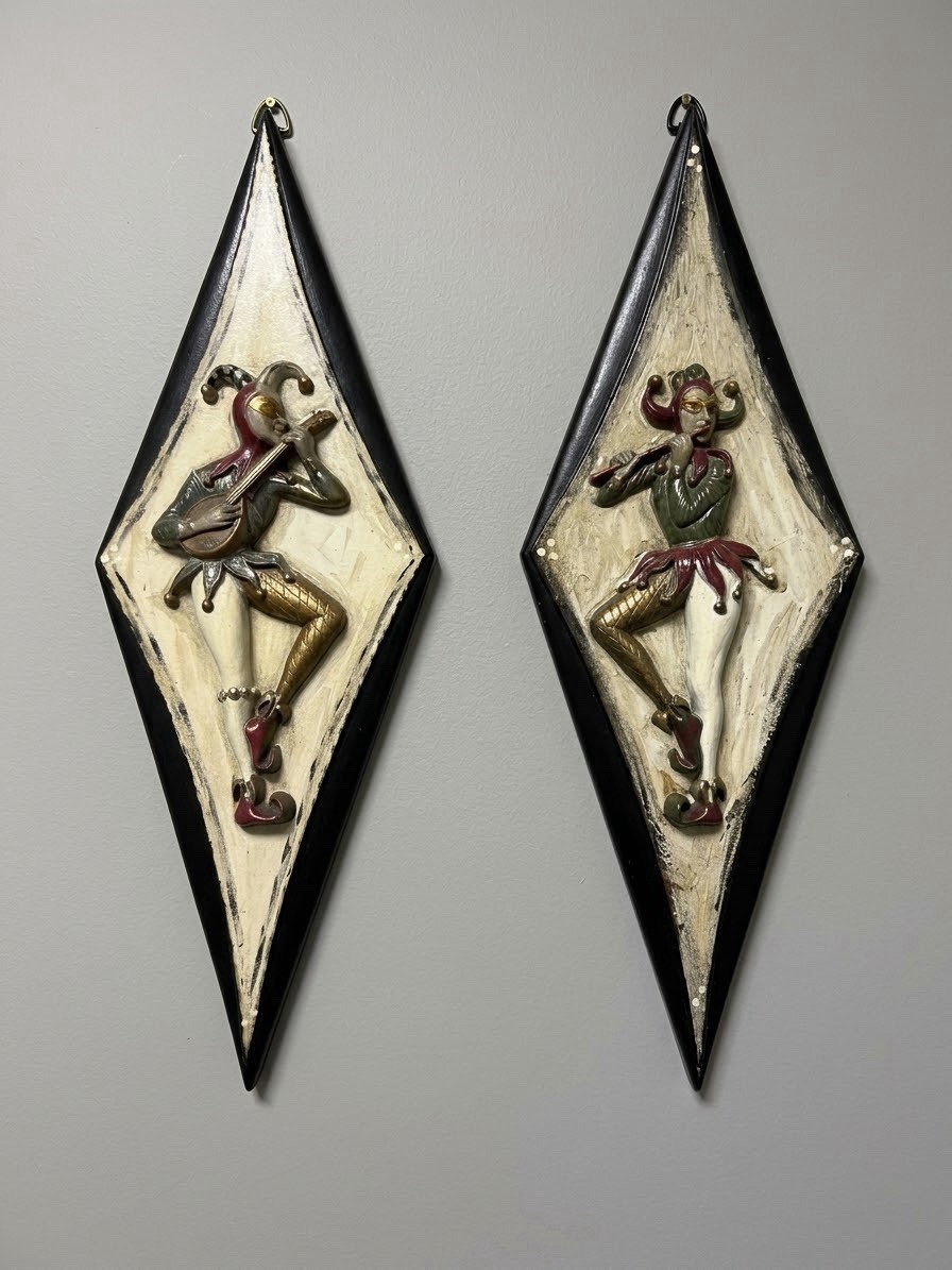 Vintage Burwood Jester Harlequin Diamond Wall Plaques MCM Carnival Art Set