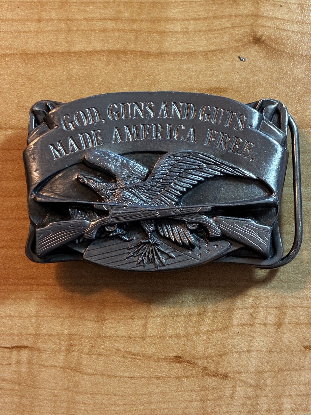 Vintage 1983 God Guns and Guts Made America Free Siskiyou Pewter Belt Buckle
