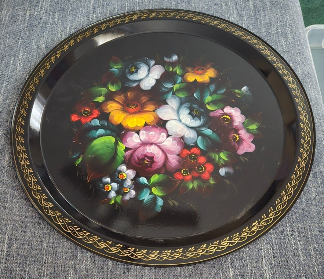 Vintage Russian Enamel Hand Painted Serving Tray 17