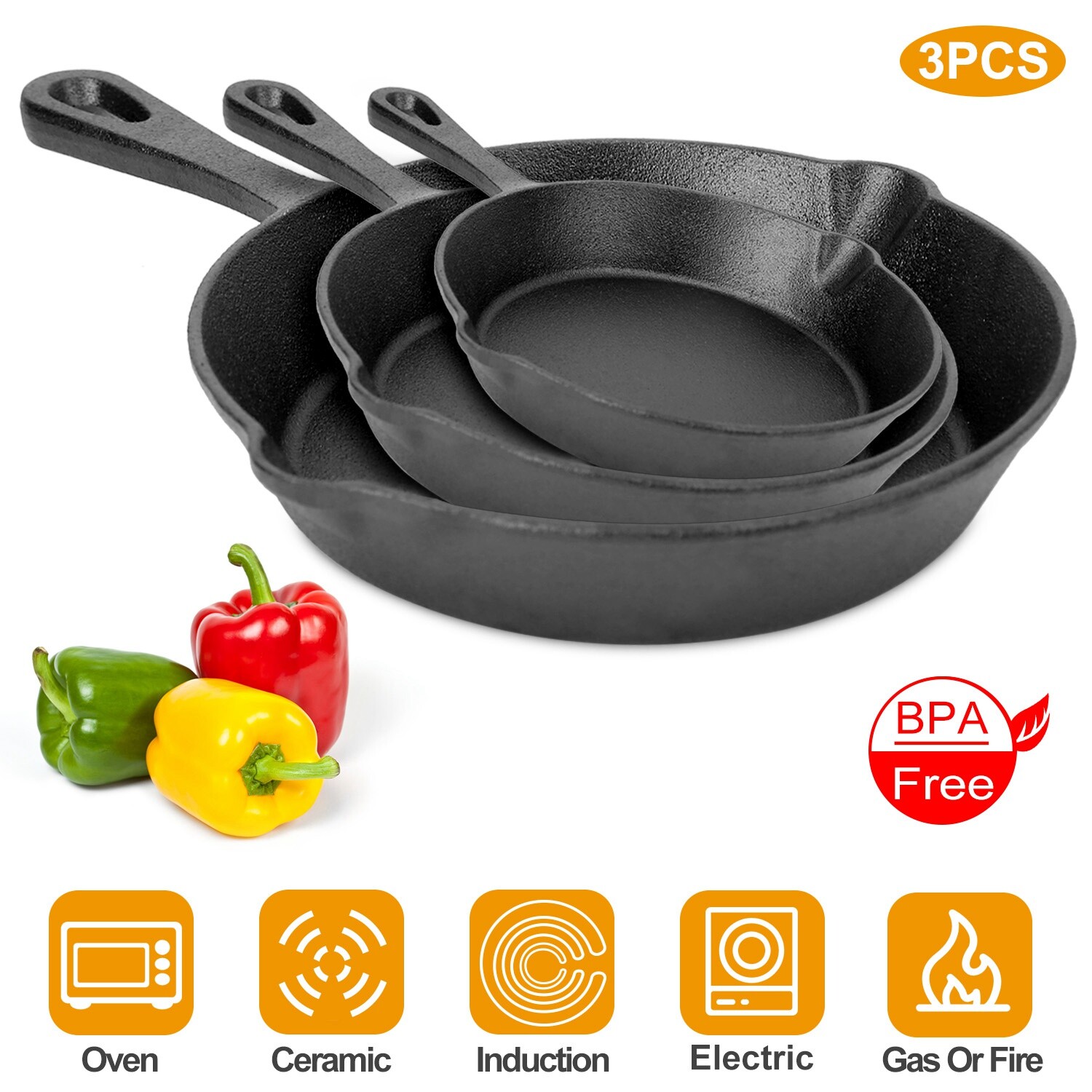 3 Piece Cast Iron Skillet Set Pre Seasoned Non-stick Oven 6/8/10\
