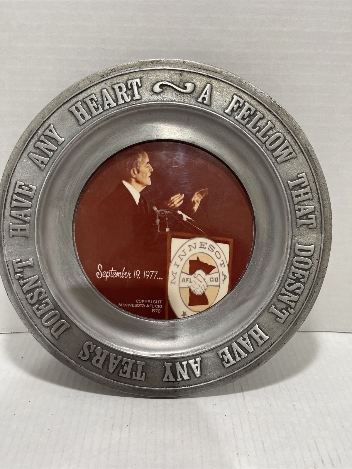 Vintage Hubert Humphrey AFL-CIO Commemorative Pewter Plate Sept 19,1977  RARE