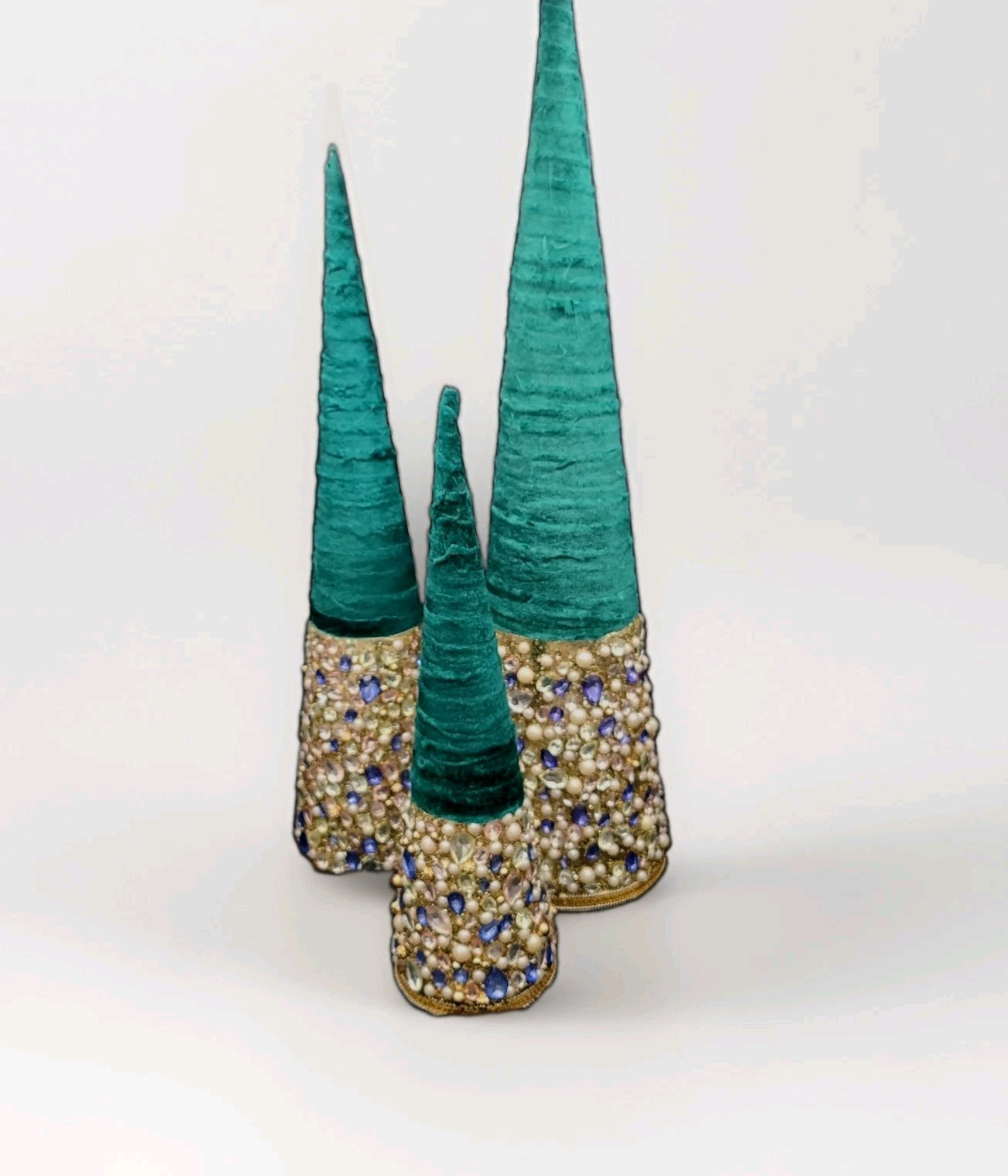 3 Bejeweled  pearl rhinestone christmas tree Cones velvet tops 30 24 18” Vtg MC