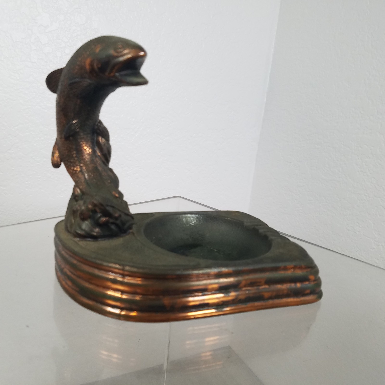 Vintage Art Deco Copper Bronze Ashtray Featuring Jumping Salmon / Trout