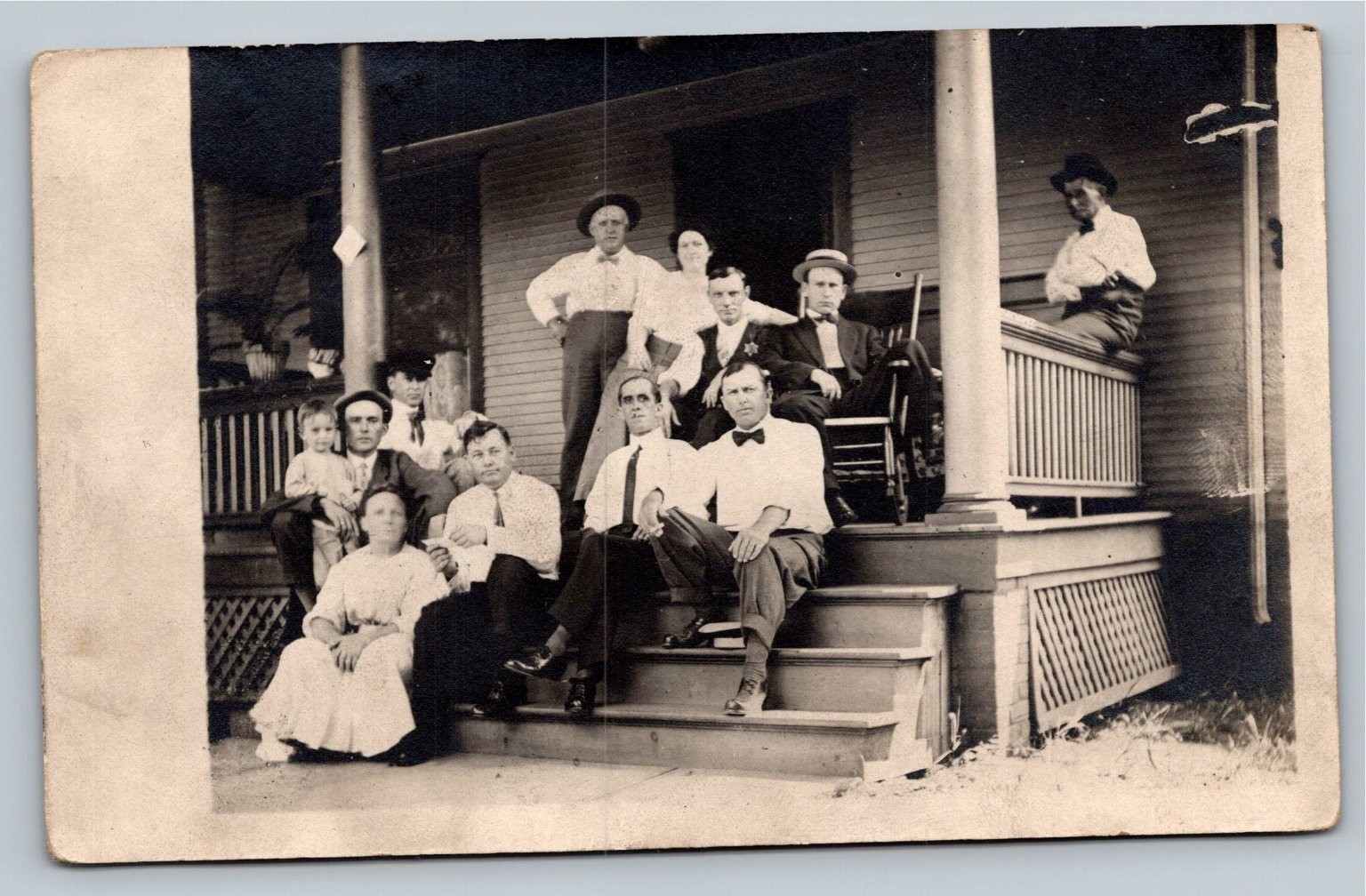 Vintage RPPC Large Family Group Portrait Porch Real Photo Postcard c. 1910s Vintage RPPC Large Family Group Portrait Porch Real Photo Postcard c. 1910s