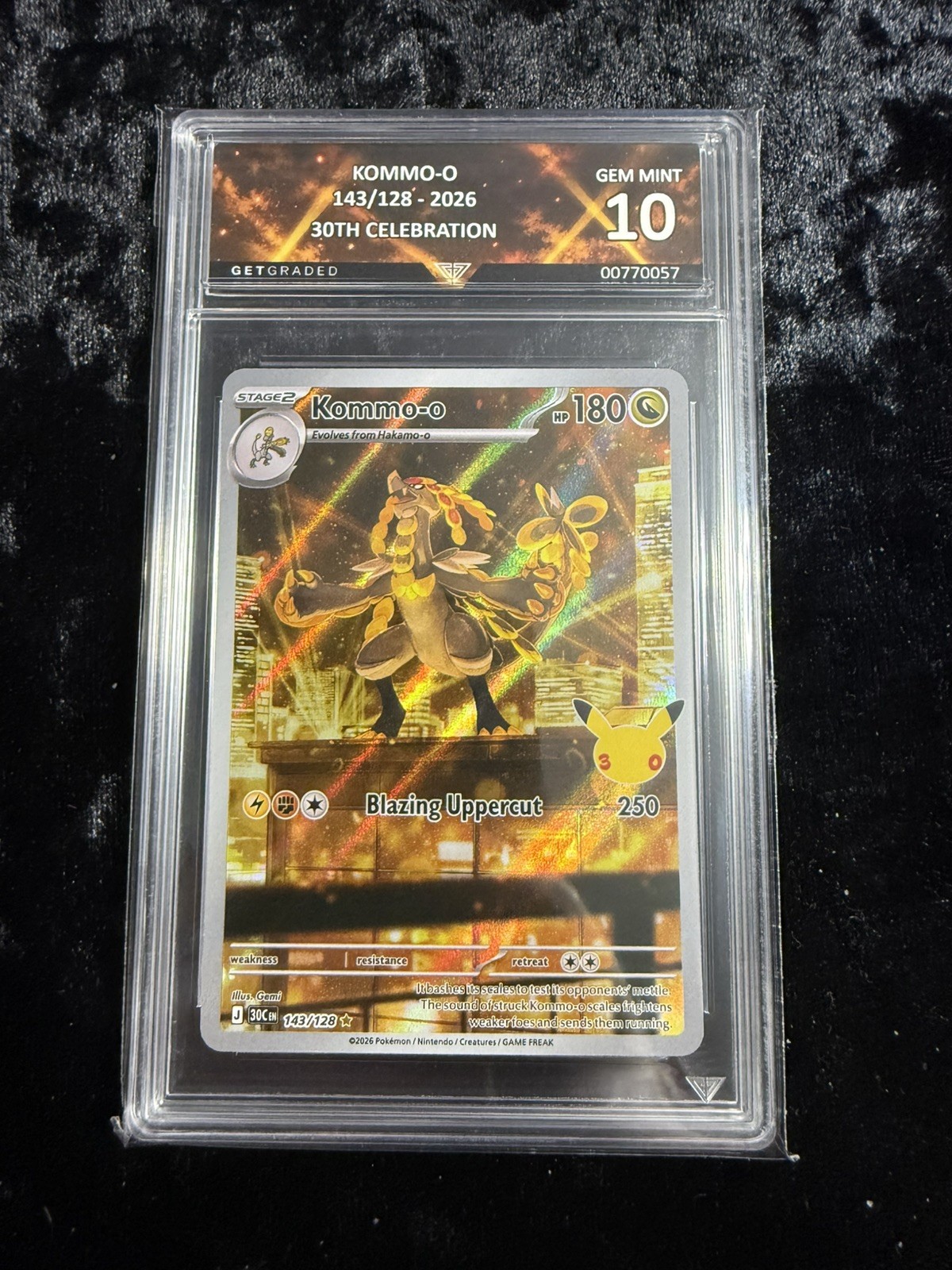 Pokémon Kommo-o 143/128 30th Celebration GetGraded GG 10 Gem Mint Art Label Pokémon Kommo-o 143/128 30th Celebration GetGraded GG 10 Gem Mint Art Label