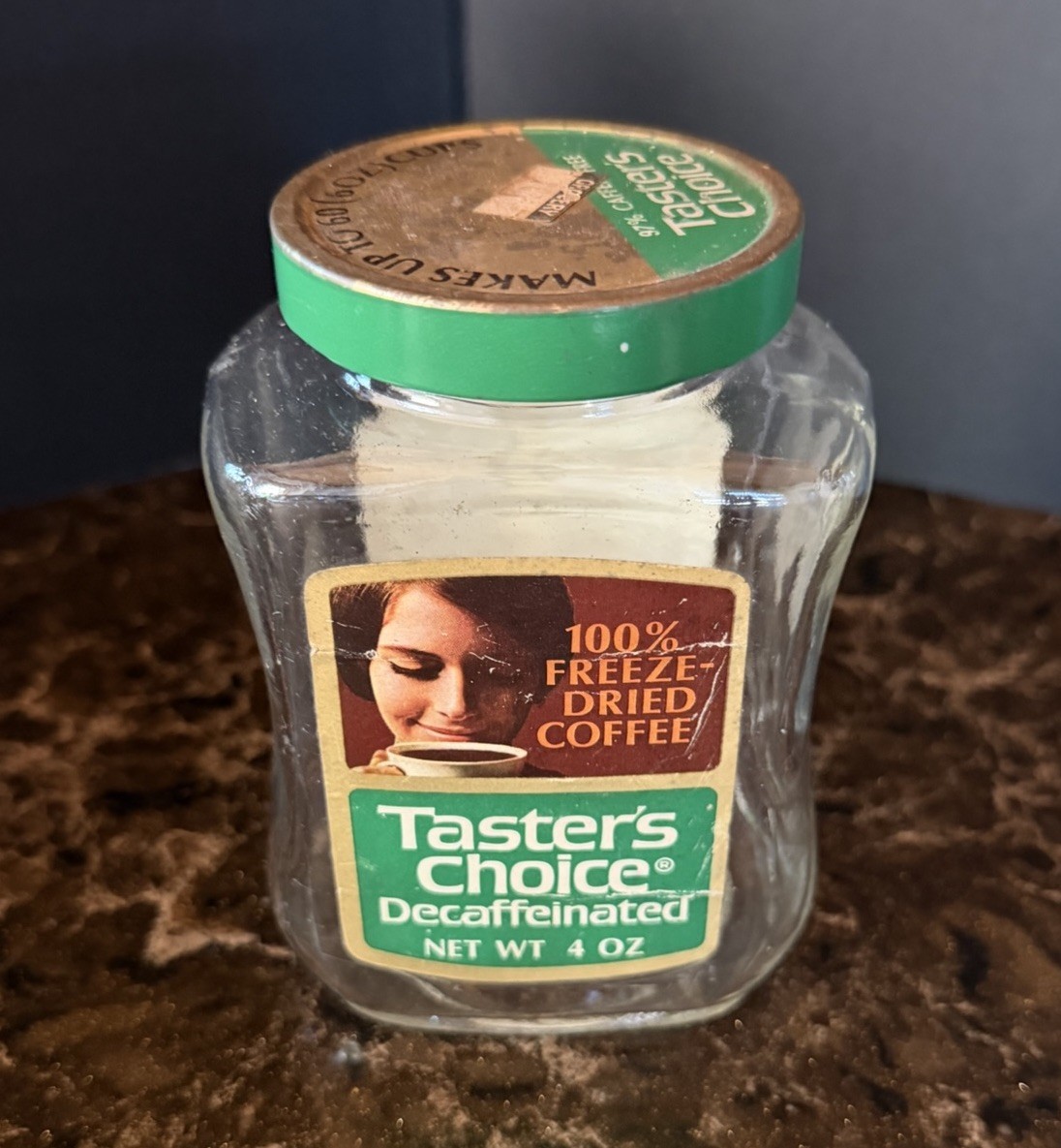 Vintage 1970\'s Taster’s Choice Decaffeinated Instant Coffee 4oz Glass Jar w/Lid Vintage 1970\'s Taster’s Choice Decaffeinated Instant Coffee 4oz Glass Jar w/Lid