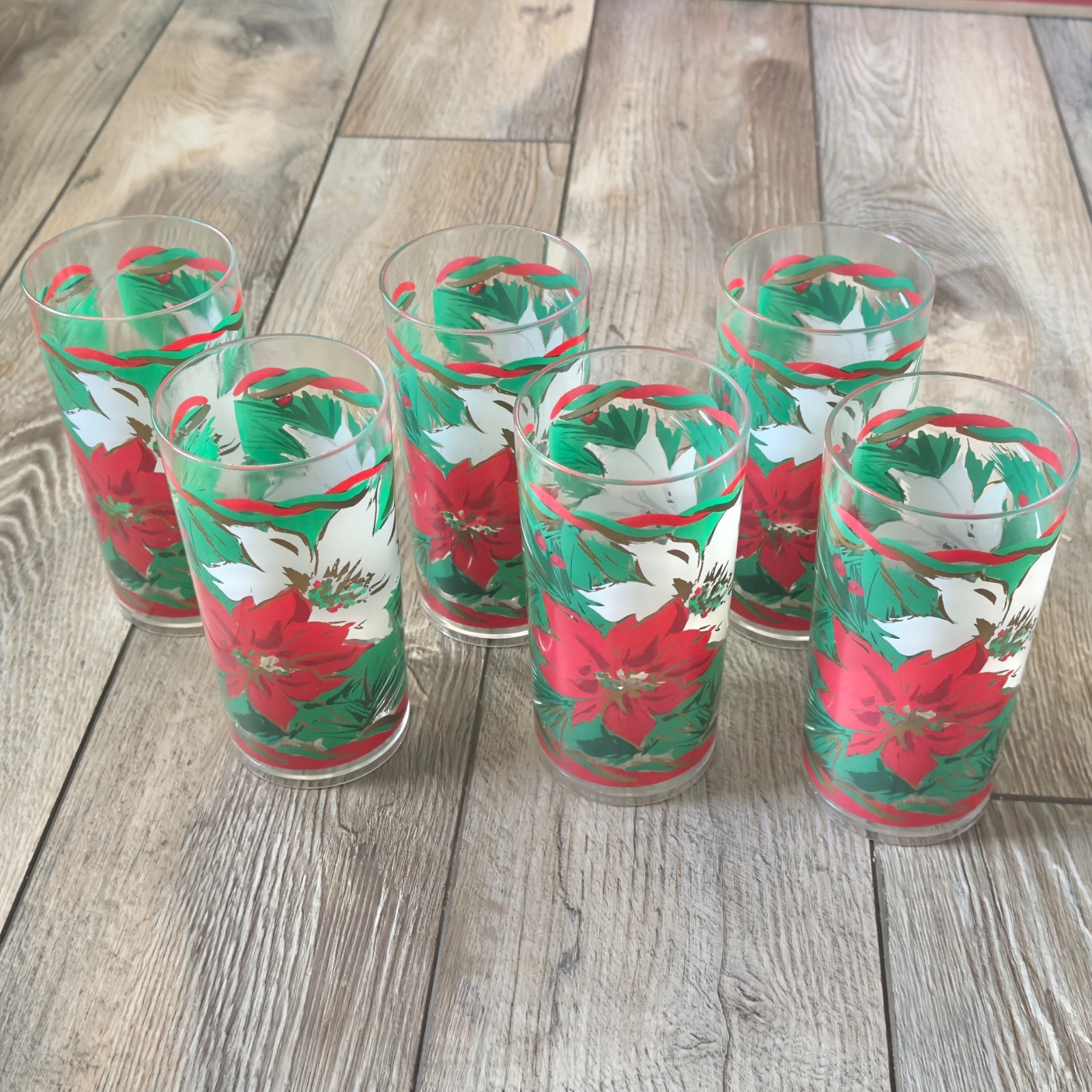 Vintage Thermo-Serv Plastic Christmas Poinsettia Tumbler USA Lot of 6