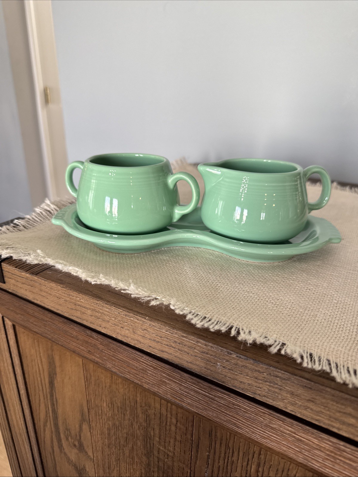 Fiesta Sea Mist Green Cream And Sugar, With Tray, No Sugar Lid Fiesta Sea Mist Green Cream And Sugar, With Tray, No Sugar Lid