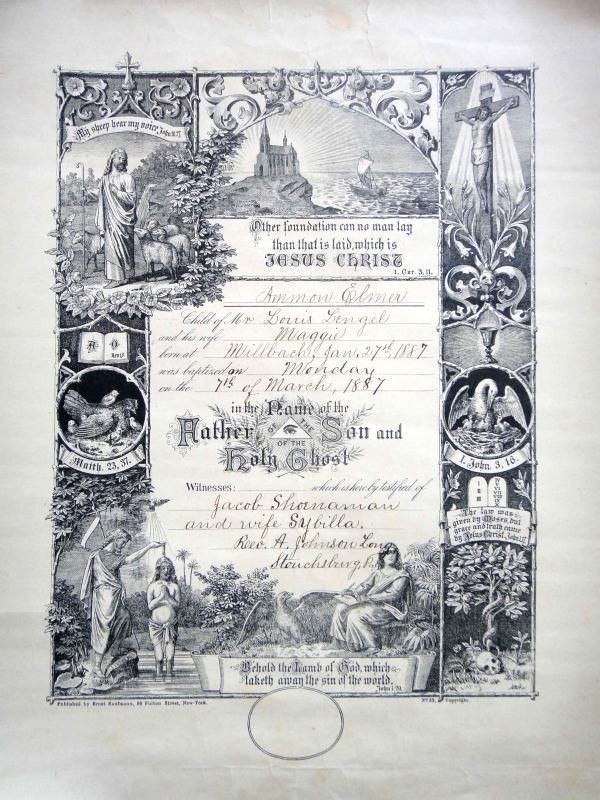 1887 antique BAPTISM CERTIFICATE AMMON Elmer LENGEL millbach pa Louis Maggie