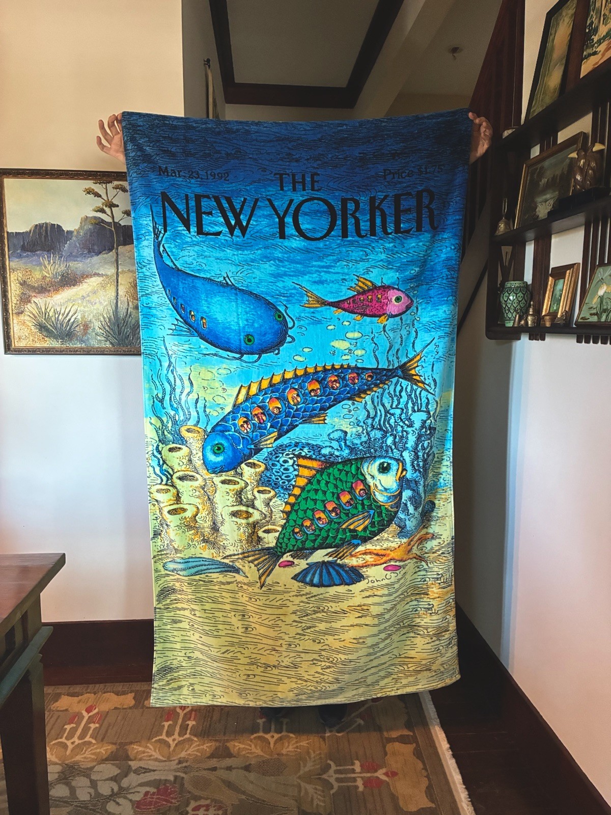 The New Yorker Magazine Cover Beach Towel March 1992 John O’Brien “Fish With … The New Yorker Magazine Cover Beach Towel March 1992 John O’Brien “Fish With …