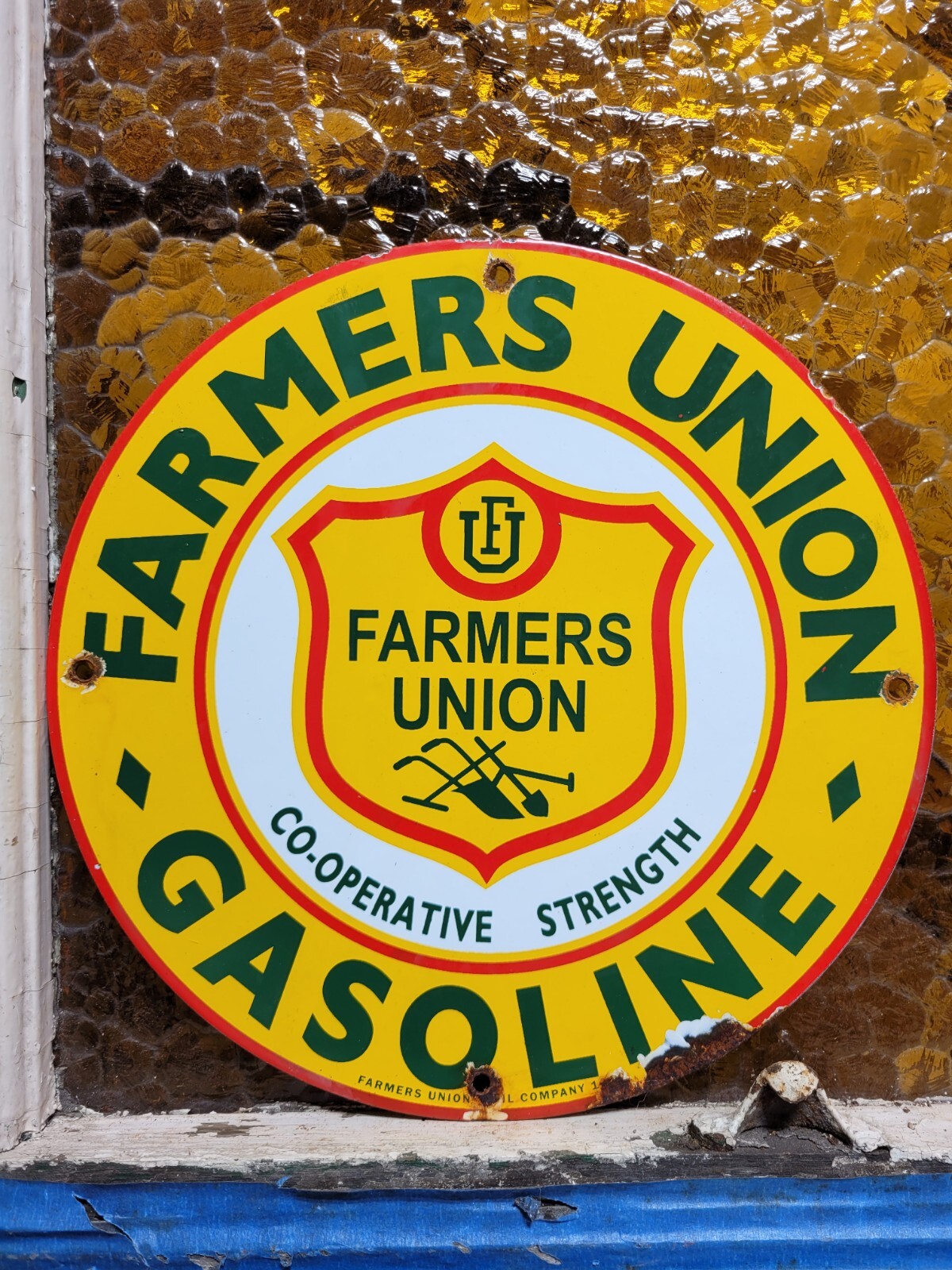 VINTAGE FARMERS UNION GASOLINE PORCELAIN SIGN OLD 1961 FARM TRACTOR GAS OIL 12\
