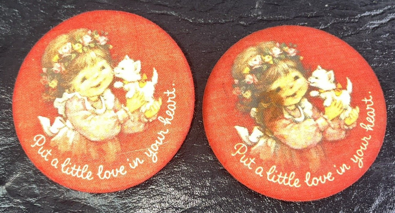 2 Vtg Button Pin Hallmark Love Little Girl Kitten Cat Heart Red USA Matching