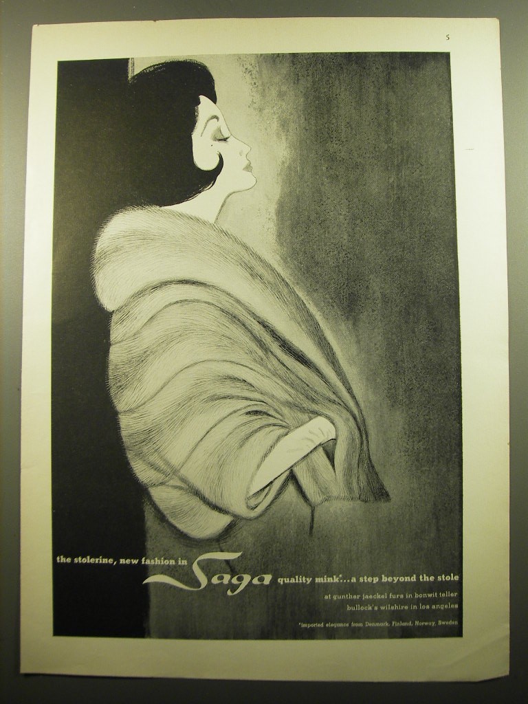 1961 Saga Mink Fur Coat Ad - The stolerine, new fashion in Saga quality mink 1961 Saga Mink Fur Coat Ad - The stolerine, new fashion in Saga quality mink
