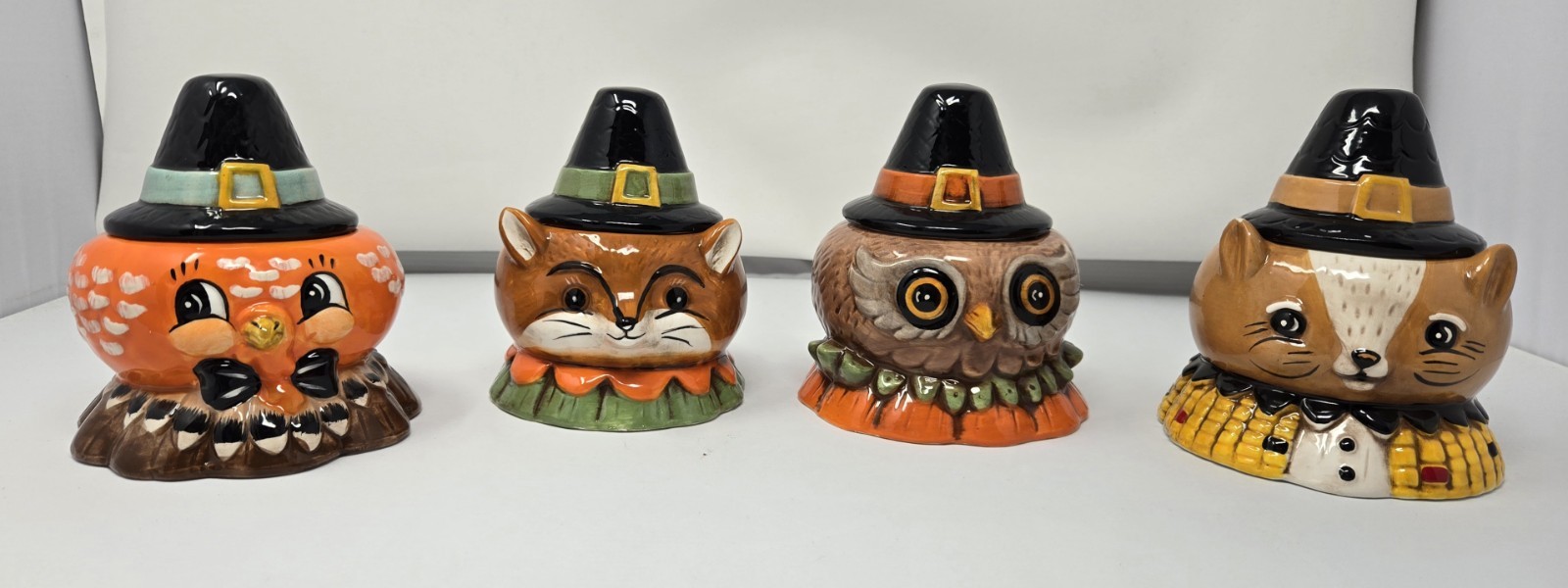 Johanna Parker Critter Bowl Pilgrim Hat Lid Transpac Thanksgiving Fall Jar Set/4 Johanna Parker Critter Bowl Pilgrim Hat Lid Transpac Thanksgiving Fall Jar Set/4