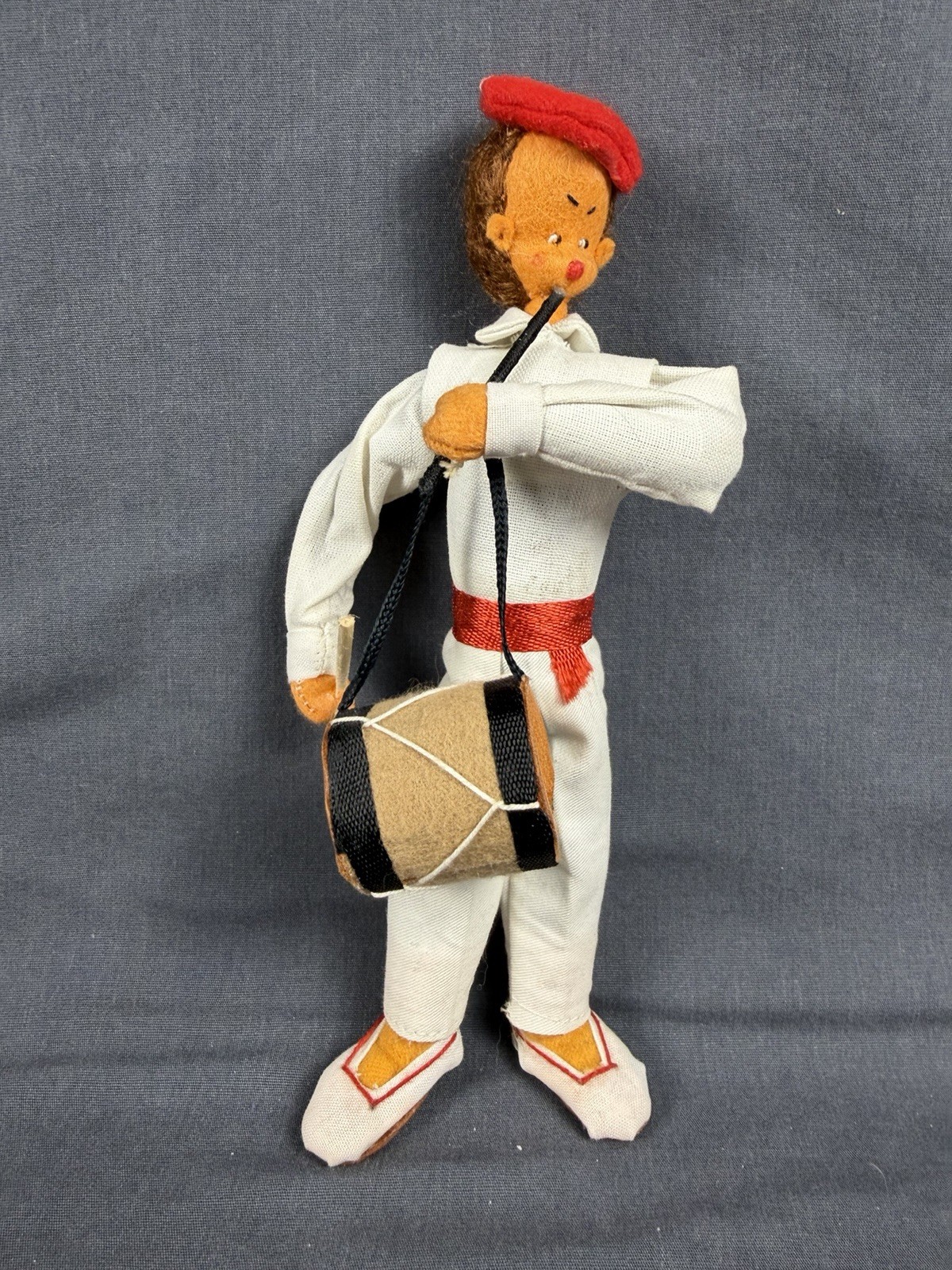 Vintage Nistis Klumpie Roldan Musician Drum Flute Red White Felt Cloth Man Doll