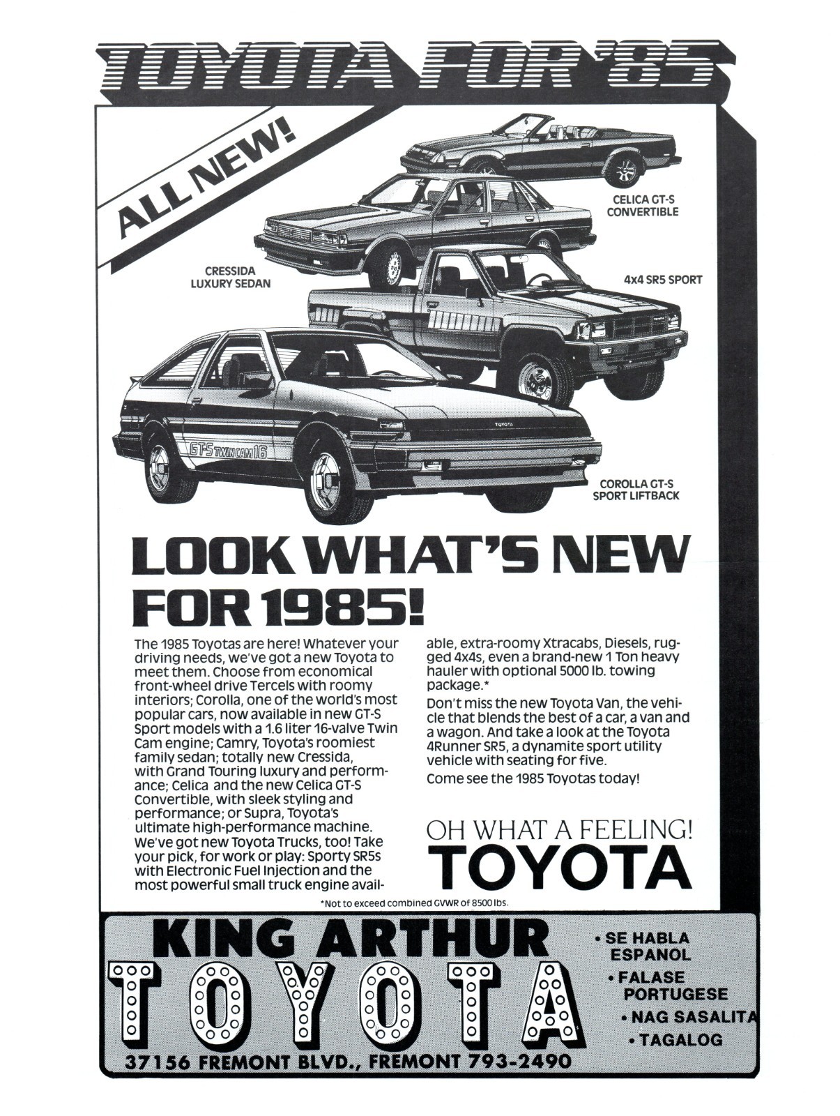 1985 PRINT AD, King Arthur Toyota Fremont Northern California Dealership 80\'s Ad