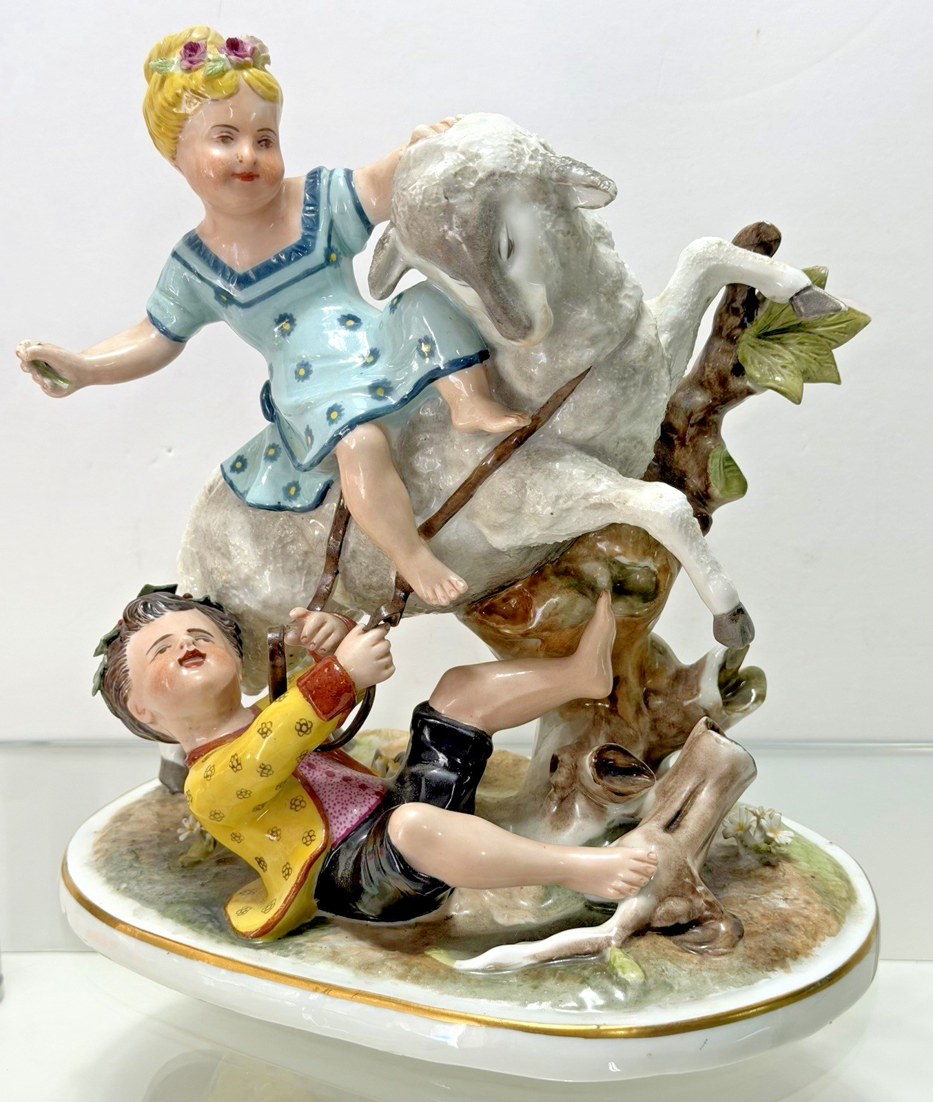 Antique Meissen Figurine Two Children Riding a Sheep Antique Meissen Figurine Two Children Riding a Sheep