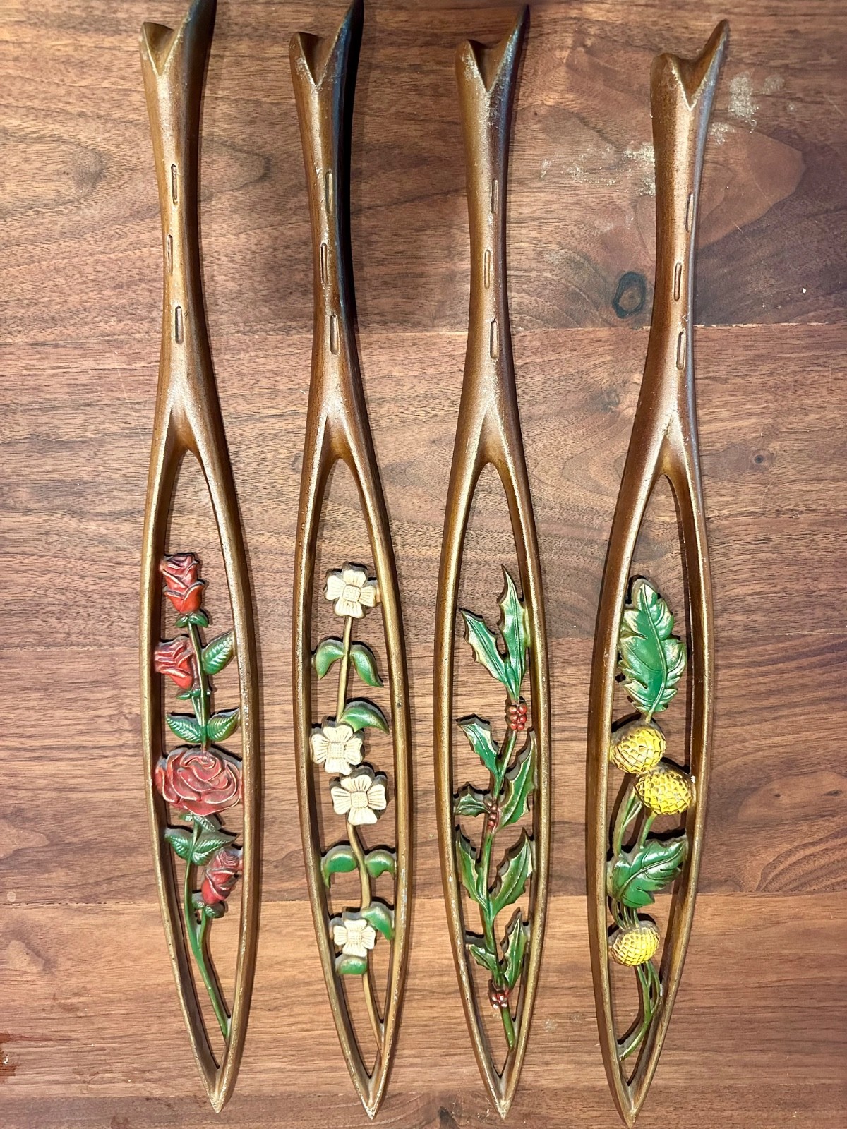 vtg sexton mcm mid-century cast metal hand painted set of 4 floral wall hangings vtg sexton mcm mid-century cast metal hand painted set of 4 floral wall hangings