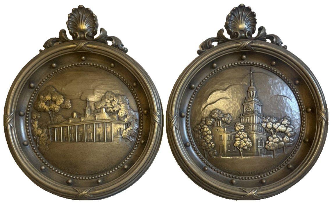 2 HOMCO Independence Hall Mount Vernon Wall Decor Brown Gold Patriotic VTG 60s