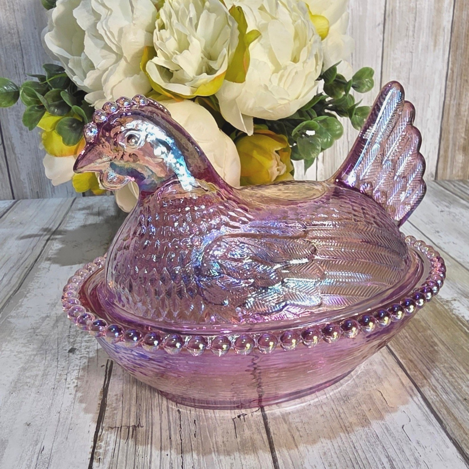 Vintage Indiana Glass Hen on Nest 7\' Pink Carnival Glass Iridescent Candy Dish