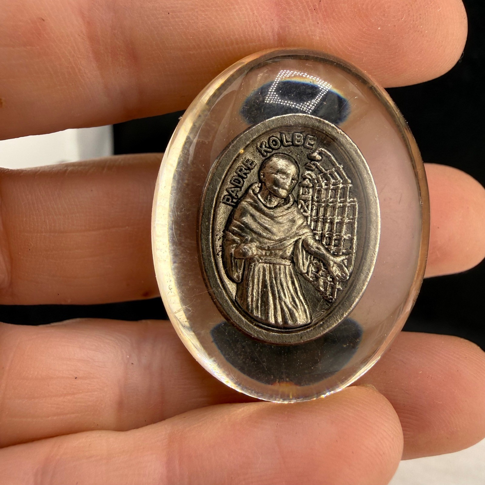 Vintage Padre Kolbe Religious Medal Silver Tone Lucite Italy Oval READ