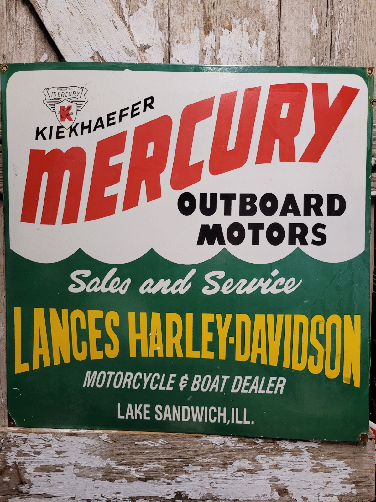 VINTAGE MERCURY PORCELAIN SIGN MOTORBOAT HARLEY DAVIDSON MOTORCYCLE ILLINOIS