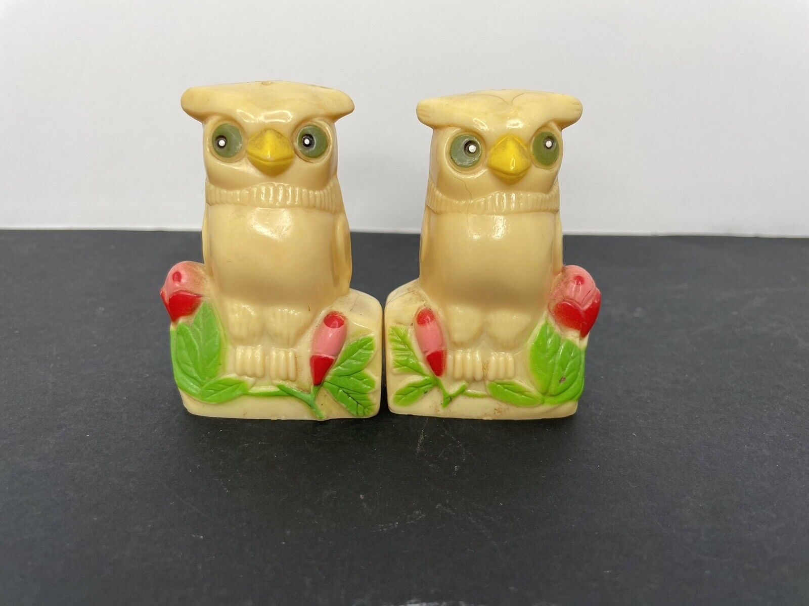 Yellow Owl Salt and Pepper shakers H K Plastic Shaker set Vintage
