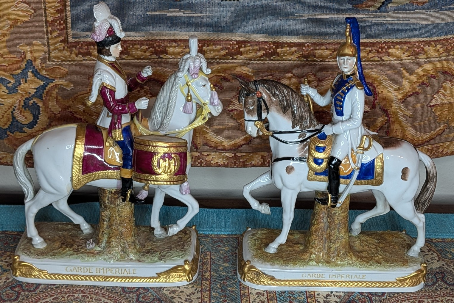 Two Vtg German Scheibe Alsbach Porcelain Napoleon Guard Imperial Horse Statues