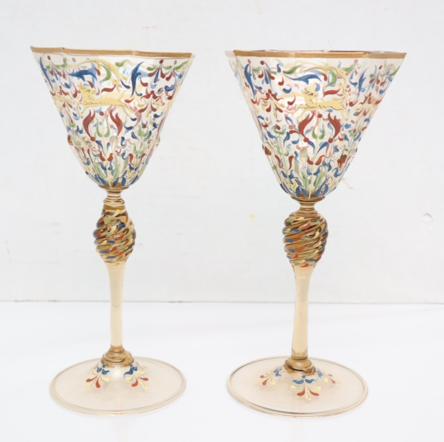 SET 2 Moser Salviati Canine & Foliate Wine Glass Enamel Venetian Murano VTG 8.5