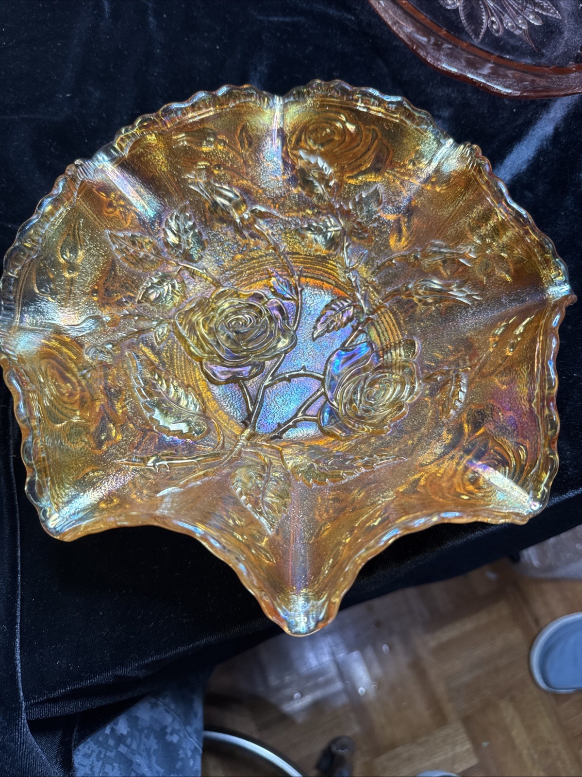 Imperial Glass Marigold Carnival Bowl Ruffle Edge - Open Rose Pattern 9 Imperial Glass Marigold Carnival Bowl Ruffle Edge - Open Rose Pattern 9