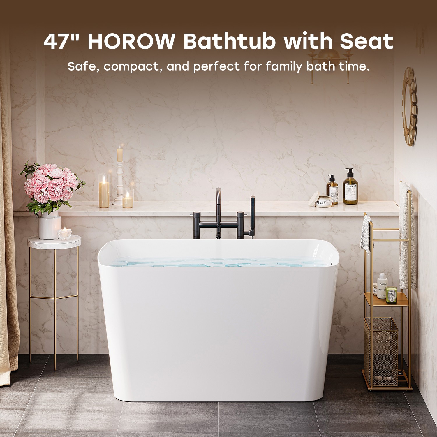 HOROW 47 Inch Freestanding Bathtub Acrylic Free Standing Bath Tub for Home Spa