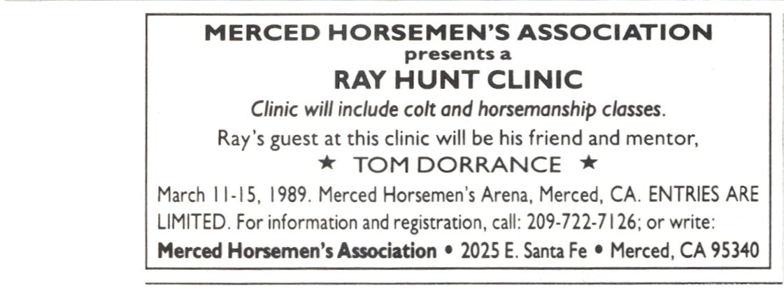 Ray Hunt Clinic Tom Dorrance Merced Horsemen's Assoc CA Vtg Magazine Print Ad