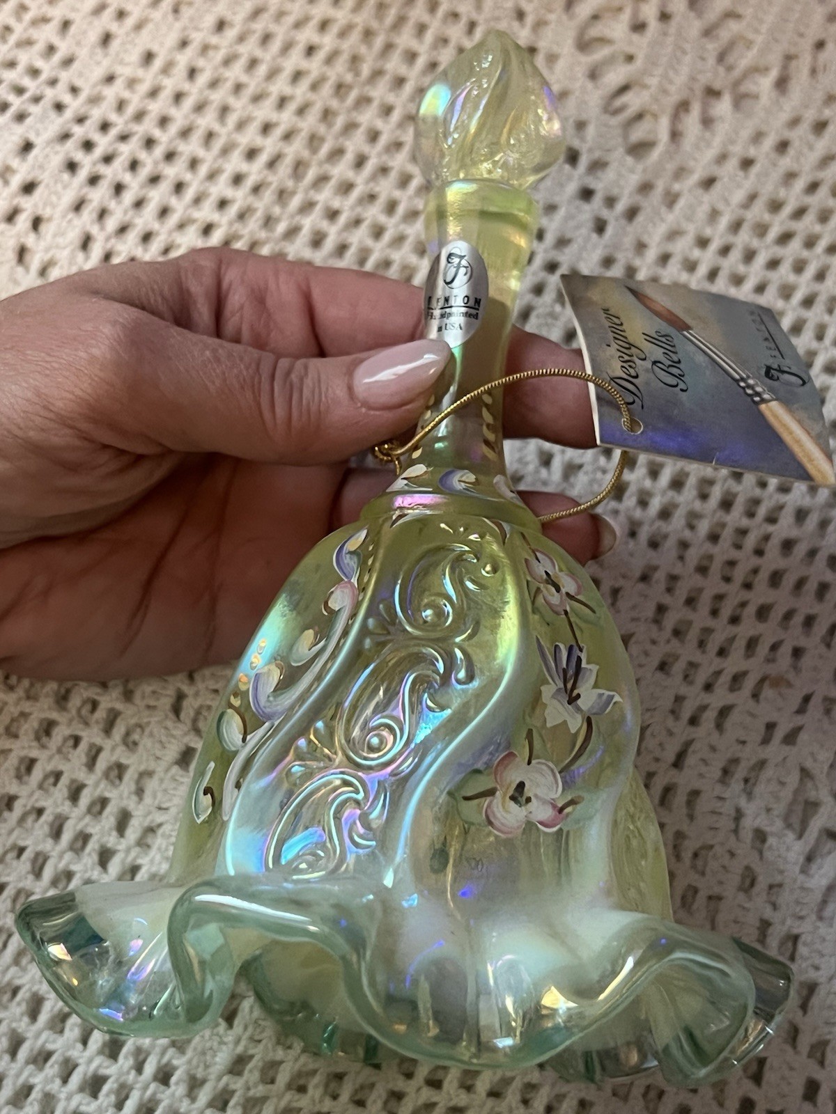 Fenton Topaz Swirl Opalescent Vaseline Bell w/ original tag #817 of 2500 Fenton Topaz Swirl Opalescent Vaseline Bell w/ original tag #817 of 2500