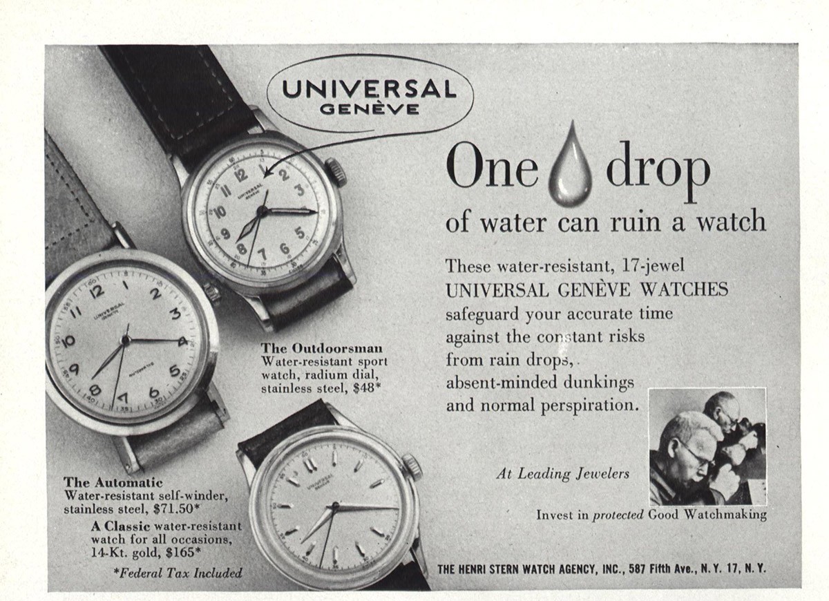 1949 Universal Geneve: One Drop of Water Vintage Print Ad 1949 Universal Geneve: One Drop of Water Vintage Print Ad