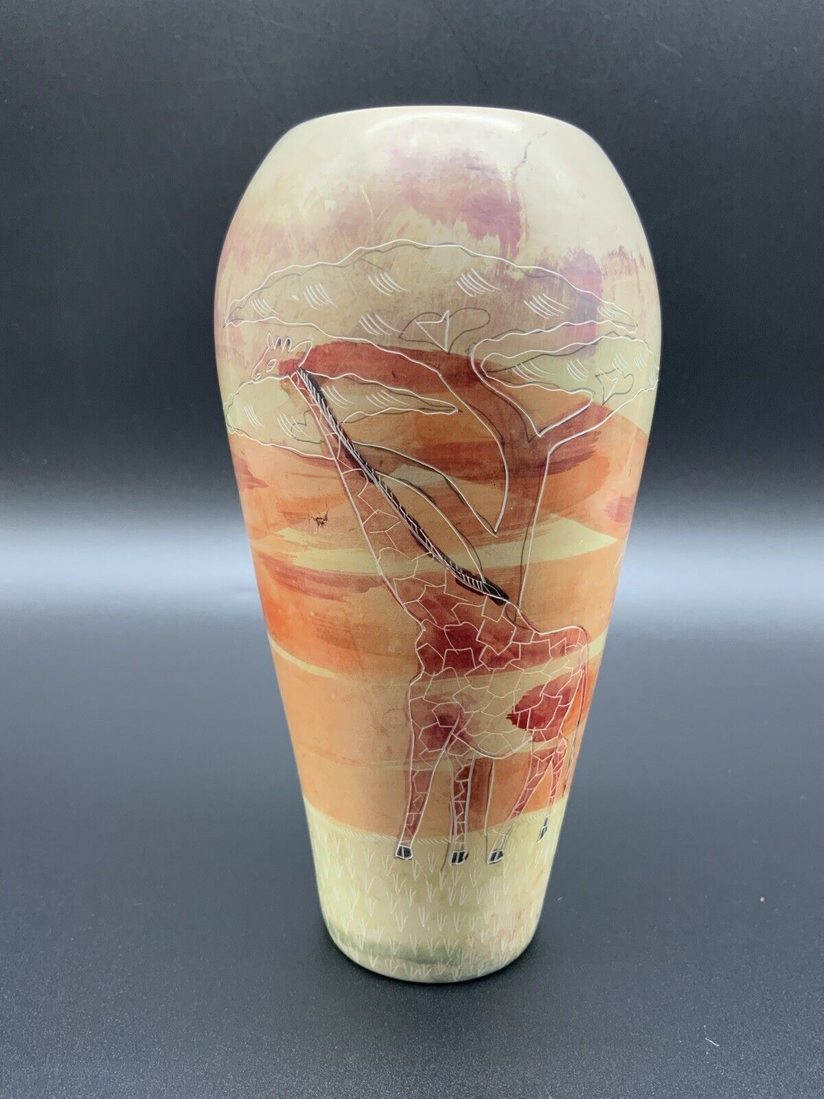 6.25” Carved Stone Vase Inlaid Giraffe