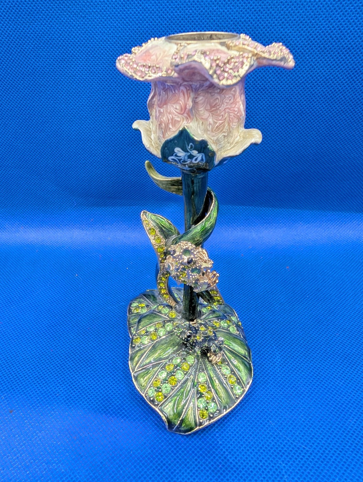 Bejeweled Floral Metal with Rhinestones & Enamel Candlestick Holder - FHC2